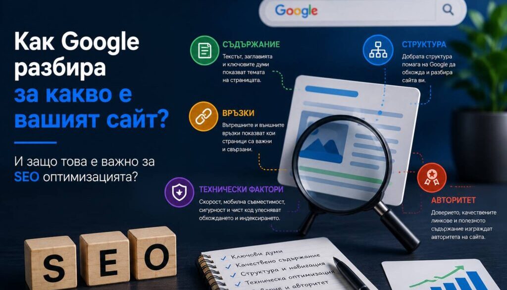 Научете как SEO оптимизацията на сайт помага на Google да разбере съдържанието, да индексира страниците и да ги показва при подходящи търсения.