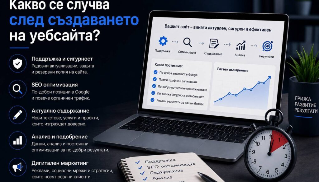 Открийте как професионалната поддръжка на сайт осигурява сигурност, бързина, актуално съдържание и устойчиво развитие на вашето онлайн присъствие.