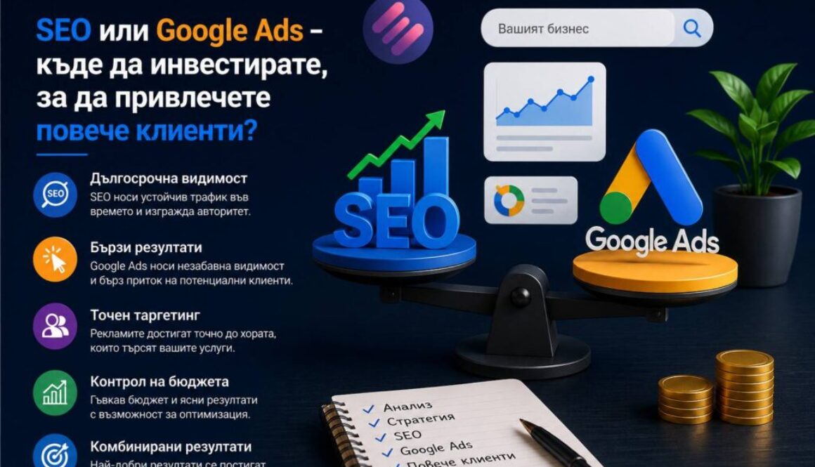 SEO или Google Ads – кое е по-добро за вашия бизнес? Сравнете предимствата им и разберете как да привлечете повече потенциални клиенти онлайн.