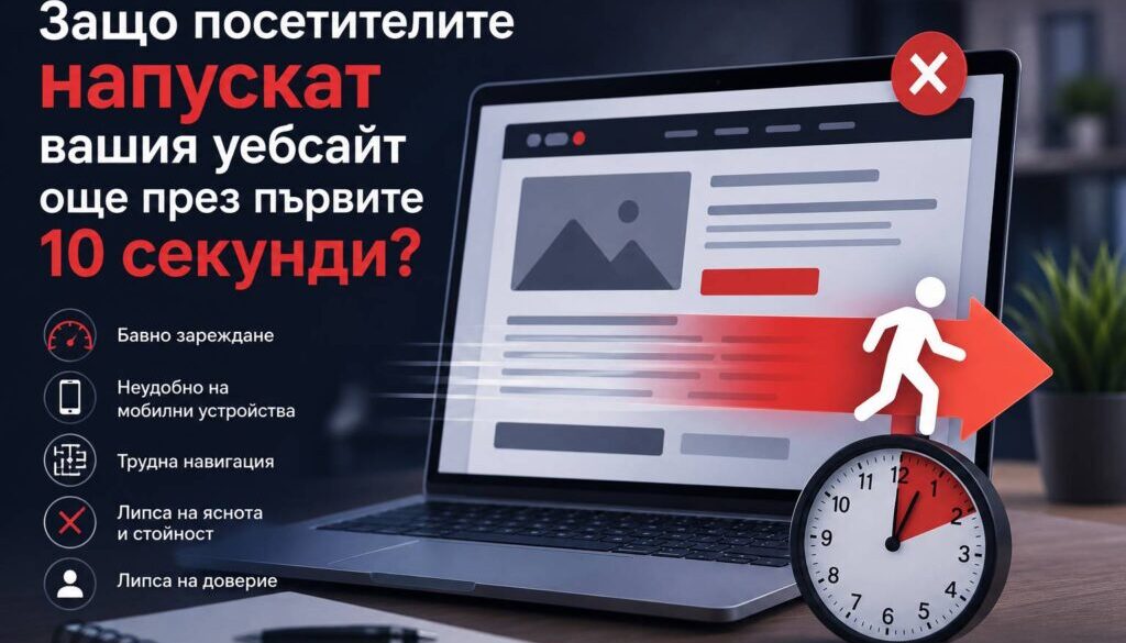 Научете защо посетителите напускат вашия уебсайт още през първите секунди и как професионалният уеб дизайн, бързината и доброто потребителско изживяване могат да увеличат конверсиите.