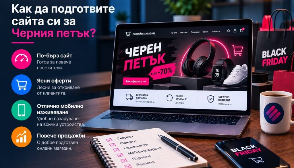 Подгответе сайта си за Черния петък с правилна стратегия за скорост, промоции, продуктови страници, реклама и лесно завършване на поръчките.