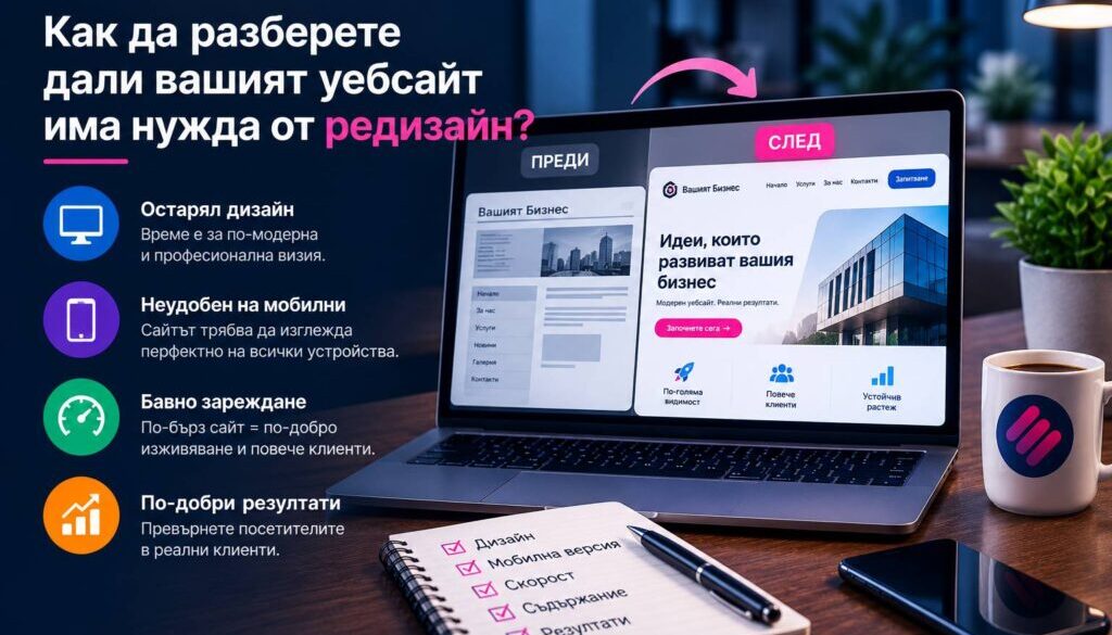 Разберете кога е необходим редизайн на сайт и кои признаци показват, че дизайнът, структурата или функционалността вече се нуждаят от промяна.
